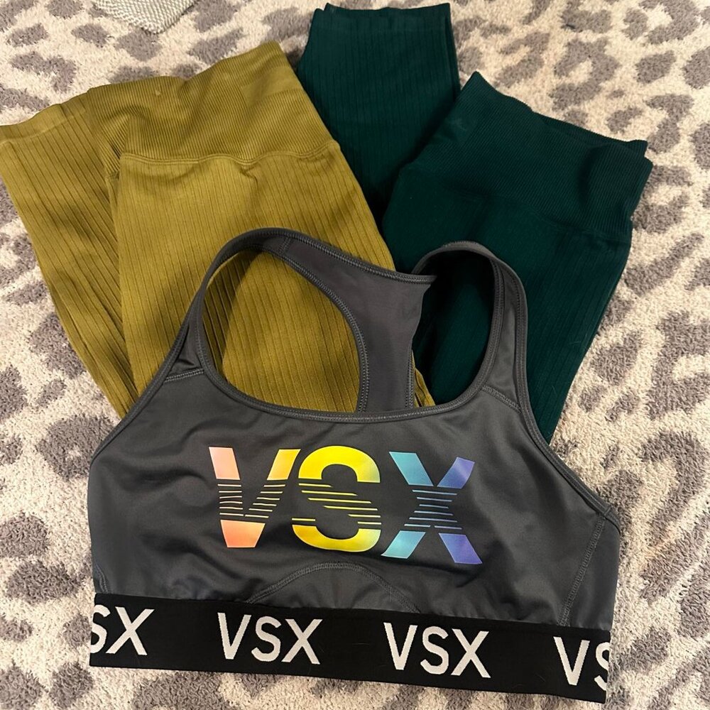 2 Pairs of Pink Active Leggings and a VSX Sports Bra Size Medium